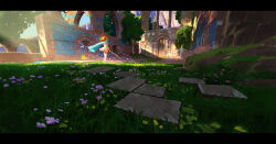 1girl absurdres arch bare_shoulders blonde_hair blue_cape bracer building cape day dress facing_away fantasy flower grass highres holding holding_sword holding_weapon kevin_gnutzmans legs letterboxed light_rays moss original outdoors photoshop_(medium) plant purple_flower rock ruins scenery shadow solo standing sunbeam sunlight sword tiles tree weapon white_dress wide_shot yellow_flower