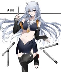 1girl ascot black_gloves blue_eyes blue_hair blue_skirt crop_top elbow_gloves fake_horns gloves gradient_ascot gradient_neckerchief gradient_necktie grey_hair hair_between_eyes headgear highres holding holding_torpedo horned_headwear horns i-203_(kancolle) ichimonme_(ichi) kantai_collection light_blue_hair long_hair neckerchief necktie nontraditional_school_swimsuit pencil_skirt sailor_collar school_swimsuit skirt solo swimsuit torpedo white_neckerchief white_sailor_collar