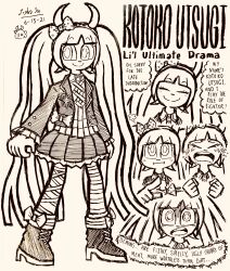 1girl absurdres angry boots bow character_name closed_eyes closed_mouth crying danganronpa_(series) danganronpa_another_episode:_ultra_despair_girls dated doodle_inset english_text eyelashes fake_horns full_body greyscale hair_bow hairband hatching_(texture) high_heel_boots high_heels highres horns jacket josh-s26 long_hair long_sleeves monochrome multiple_views open_clothes open_jacket pout saliva shirt signature simple_background skirt smile speech_bubble standing teeth twintails upper_teeth_only utsugi_kotoko v-shaped_eyebrows very_long_hair white_background