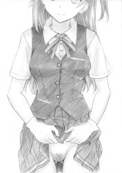 1girl black_skirt black_vest closed_mouth clothes_lift collared_shirt commentary_request fd_(fd_sanmaru) female_pubic_hair gloves gluteal_fold graphite_(medium) greyscale hagikaze_(kancolle) head_out_of_frame highres kantai_collection lifting_own_clothes long_hair looking_at_viewer monochrome neck_ribbon no_panties pleated_skirt pubic_hair pussy ribbon shirt short_sleeves simple_background skirt skirt_lift smile solo traditional_media vest white_background white_gloves white_shirt