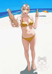 1girl absurdres barefoot beach beach_umbrella bikini blue_sky bottle breasts bright_pupils cleavage collarbone day foreshortening full_body green_eyes grey_hair hair_tie highres holding holding_bottle horizon incoming_gift kantai_collection kinugasa_(kancolle) kinugasa_kai_ni_(kancolle) looking_at_viewer ocean ojipon open_mouth outdoors sidelocks sky smile solo standing swimsuit teeth tupet twitter_username umbrella upper_teeth_only watermark white_pupils yellow_bikini