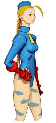 1girl bare_legs beret blonde_hair blue_eyes bodypaint boots braid cammy_white capcom_vs_snk from_side game_cg garrison_cap gloves half-closed_eyes hand_on_own_hip hat highleg highleg_leotard highres ikeno_daigo killer_bee_cammy leotard long_hair necktie non-web_source official_art short_necktie simple_background sleeved_leotard solo standing street_fighter twin_braids