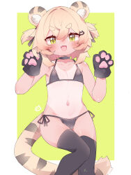 1girl :d absurdres animal_ear_fluff animal_ears animal_hands bikini black_bikini black_thighhighs blonde_hair blush cameltoe cat_hair_ornament commentary_request fang feet_out_of_frame flat_chest gloves green_background green_eyes hair_ornament hairclip highres looking_at_viewer micro_bikini navel one-piece_tan open_mouth original paw_gloves short_hair simple_background smile solo string_bikini swimsuit tail tan tanline thick_eyebrows thighhighs tiger_ears tiger_girl tiger_tail tomcat_(moconeko) toramimi-senpai two_side_up