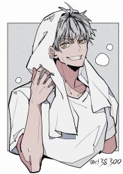 1boy arm_up black_hair bokuto_koutarou c138300 collarbone crew_neck cropped_torso grey_hair grin haikyuu!! highres male_focus multicolored_hair short_sleeves simple_background slit_pupils smile solo streaked_hair sweat teeth towel towel_on_head twitter_username wet wet_hair white_background yellow_eyes