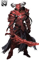 1boy arknights arm_guards armor commentary_request dikaiopolis_(arknights) full_body gauntlets greaves helmet highres holding holding_sword holding_weapon horns mutomorokoshi shin_guards solo standing sword weapon white_background