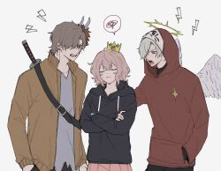 1girl 2boys arisakaaa_(crazy_raccoon) black_hoodie blue_eyes brown_hair closed_eyes closed_mouth commentary_request crazy_raccoon crossed_arms crossed_bangs crown daruma_is_god drawstring feathered_wings grey_hair hair_between_eyes hair_over_one_eye halo hand_in_pocket highres hood hood_up hoodie indie_utaite jacket kusa_mo_chi lightning_bolt_symbol long_sleeves looking_at_another mask mask_on_head mini_crown multiple_boys nqrse one_eye_covered open_clothes open_jacket open_mouth orange_jacket parted_bangs pink_hair pink_skirt pleated_skirt red_hoodie shirt short_hair simple_background skirt speech_bubble spoken_squiggle squiggle sweatdrop sword sword_on_back teeth torn_clothes torn_shirt upper_body utaite v-shaped_eyebrows weapon weapon_on_back white_background white_wings wings yellow_eyes