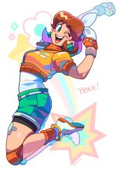 1girl bike_shorts bike_shorts_under_shorts blue_eyes brown_hair cropped_jacket crossed_bandaids denaseey earrings fingerless_gloves flipped_hair flower_earrings gloves highres jacket jewelry jumping knee_pads layered_clothes mario_(series) mario_kart mario_kart_world medium_hair nintendo one_eye_closed open_mouth orange_gloves orange_jacket orange_socks princess_daisy princess_daisy_(touring) shoes shorts smile socks white_shoes
