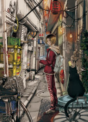 10s 1boy air_conditioner alley animal banner beer_crate bicycle black_cat blonde_hair blurry bottle broom building cable cat city clothes_writing crack depth_of_field door drainpipe frown game_console haikyuu!! hair_between_eyes hand_fan holding jacket kozume_kenma lantern light_bulb long_sleeves looking_at_viewer mailbox male_focus manhole_cover midoripurin orange_sky outdoors pants paper_lantern plant pornography poster_(object) power_lines red_jacket red_pants road shoes sky sleeves_past_wrists stack standing street tape torn_paper trash_can twilight utility_pole wall white_footwear yellow_eyes