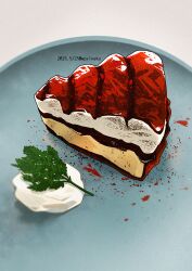 artist_name cake cake_slice commentary_request dated dessert food food_focus no_humans original plate shunkashuntou