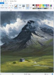 art_program_in_frame christian_young cloud cloudy_sky dark_cloud day field house landscape microsoft_paint_(medium) microsoft_paint_(software) mountain mountainous_horizon no_humans original outdoors painterly path road scenery sky