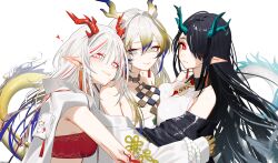 3girls arknights black_hair dragon dragon_girl dragon_horns dragon_tail dusk_(arknights) eastern_dragon highres horns hug long_hair looking_at_viewer multiple_girls nian_(arknights) ohkurrva pointy_ears red_eyes red_horns shu_(arknights) siblings sisters slit_pupils smile strapless tail tube_top white_background white_hair