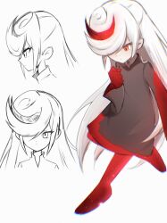 1girl 5d_yk5302 alternate_hair_length alternate_hairstyle black_dress clenched_hand closed_mouth dress hair_over_one_eye highres long_hair long_sleeves multicolored_hair multiple_views red_eyes red_hair red_streaks sage_(sonic) sonic_(series) streaked_hair two-tone_hair very_long_hair white_background white_hair