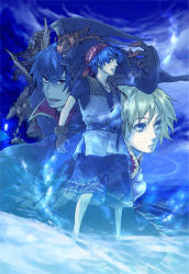 1girl 2boys bad_id bad_pixiv_id bandana beads blonde_hair blue_eyes blue_hair chrono_(series) chrono_cross dark_serge fur hat jewelry kid_(chrono_cross) lynx mori_(tsk03ss) multiple_boys necklace red_eyes serge_(chrono_cross) short_hair shorts