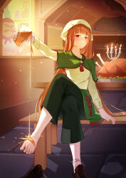 Rule 34 | 1boy, 1girl, absurdres, alcohol, arm up, beer, black pants, blunt bangs, brown hair, capelet, closed mouth, crossed legs, cup, food, full body, green capelet, hat, highres, holding, holding cup, holo, indoors, lanoyee, light smile, long hair, looking at viewer, pants, red eyes, shirt, single bare foot, sitting, solo focus, spice and wolf, spilling, white hat, white shirt, wolf girl