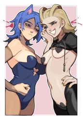 2girls absurdres animal_ears antenna_hair aqua_(kingdom_hearts) aqua_eyes asymmetrical_docking blonde_hair blue_eyes blue_hair breast_press cat_ears female_focus green_eyes highres kingdom_hearts larxene leotard maebari multiple_girls nail_polish navel open_mouth pasties pink_background porqueloin reverse_outfit shaded_face shrug_(clothing) smile upper_body yellow_nails