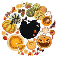 acorn animal_focus autumn autumn_leaves bat_(animal) black_cat candy cat chinese_lantern_(plant) circle_formation cookie cranberry food food_art food_focus fruit halloween hat holly jack-o&#039;-lantern leaf lollipop maple_leaf mini_hat no_humans orange_(fruit) orange_slice original pecan pie pie_slice pinecone pumpkin pumpkin_pie pumpkin_soup silk simple_background slothm22 soup spider_web spoon star_anise_(spice) swirl_lollipop white_background witch_hat wrapped_candy