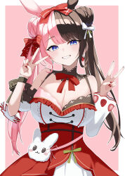 Rule 34 | 1girl, absurdres, animal ears, asymmetrical sleeves, atisa87044728, blush, bow, breasts, brown collar, brown hair, brown ribbon, cleavage, collar, detached collar, detached sleeves, double bun, double v, dress, earrings, fingernails, flower earrings, food-themed earrings, food print, food themed earrings, frilled dress, frilled sleeves, frills, fruit print, grin, hair bow, hair bun, hair ribbon, heart, heart in eye, highres, jewelry, large breasts, long hair, long sleeves, looking at viewer, mismatched earrings, multicolored hair, nail polish, pink background, pink hair, polka dot, polka dot bow, purple eyes, rabbit ears, rabbit girl, rabbit ornament, red bow, red dress, red nails, red ribbon, ribbon, short sleeves, smile, solo, split-color hair, strawberry earrings, strawberry print, striped bow, symbol in eye, tachibana hinano, tachibana hinano (4th costume), twintails, two-tone hair, v, virtual youtuber, vspo!, white background, white dress, white ribbon, white sleeves, wrist ribbon