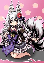 Rule 34 | absurdres, animal ears, barefoot, bell, breasts, cleavage, emil chronicle online, flower, fox ears, fox girl, fox tail, frilled kimono, frilled sleeves, frills, frolyflow2, hair flower, hair ornament, highres, japanese clothes, kimono, large breasts, looking at viewer, purple ribbon, ribbon, tail, tamamo lore, white hair, yellow eyes