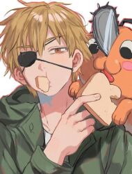 artist_request black_eyes blonde_hair chainsaw chainsaw_man denji_(chainsaw_man) fanart_digital green_jacket jacket monster orange_fur pochita_(original) source_request