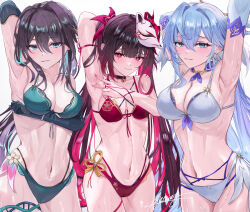 3girls absurdres armpits bare_shoulders bikini black_hair blue_hair breasts commentary_request green_bikini green_eyes hair_between_eyes head_wings highres honkai:_star_rail honkai_(series) large_breasts long_hair looking_at_viewer mask medium_breasts midriff miya-chan_(lightning0730) multiple_girls navel red_bikini red_eyes robin_(honkai:_star_rail) ruan_mei_(honkai:_star_rail) small_breasts sparkle_(honkai:_star_rail) stomach swimsuit thigh_strap thighs twintails unworn_mask v white_background white_bikini wings