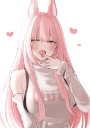 1girl absurdres animal_ear_fluff animal_ears arm_at_side bare_shoulders blush breasts buttons commentary detached_sleeves fang finger_to_mouth fingernails goddess_of_victory:_nikke hair_between_eyes half-closed_eyes hand_up heart highres large_breasts leona_(nikke) lion_ears long_hair long_sleeves nail_polish open_mouth partially_unzipped pink_hair pink_nails ringed_eyes shio_butter_(obscurityonline) shirt sideboob sidelocks simple_background sleeveless sleeveless_shirt solo tongue tongue_out upper_body white_background white_shirt yellow_eyes zipper