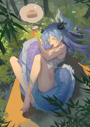 1girl absurdres armpit_crease azur_lane bamboo bamboo_forest steamed_bun bare_arms bare_legs bare_shoulders barefoot biting biting_own_tail blue_hair blush_stickers breasts chinese_commentary cleavage closed_eyes commentary_request crop_top dorsiflexion dragon_girl dragon_horns dragon_tail dreaming feet food forest highres horns hugging_own_tail hugging_tail knees_apart_feet_together long_hair lung_wu_(azur_lane) lying nature on_back outdoors panties sleeping small_breasts solo tail tail_biting tank_top thighs toes underwear white_panties white_tank_top xiaoguolidun