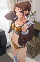 1girl brown_hair brown_shirt buruma curtains desk hibike!_euphonium highres indoors kitauji_high_school_uniform long_hair long_sleeves nakagawa_natsuki navel one_eye_closed open_clothes open_shirt ponytail purple_eyes sailor_collar school_uniform serafuku shirt socks solo sports_bra standing tipii white_sailor_collar white_socks winter_uniform wooden_chair yellow_buruma yellow_sports_bra