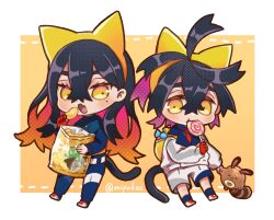 1boy 1girl animal_ear_hairband animal_ears bag black_hair blue_jacket blue_pants candy carmine_(pokemon) cat_ear_hairband cat_ears cat_tail character_doll chibi chibi_only chips_(food) colored_inner_hair commentary crossed_bangs doll eyelashes fake_animal_ears fang food full_body gen_2_pokemon gloves hair_between_eyes hairband holding holding_bag holding_candy holding_food holding_lollipop jacket kieran_(pokemon) lollipop long_hair long_sleeves looking_at_viewer mipokec mole mole_under_eye multicolored_hair necktie nintendo open_mouth pants partially_fingerless_gloves pokemon pokemon_sv purple_hair red_gloves red_hair red_necktie sentret short_hair shorts single_glove sinistcha skin_fang swirl_lollipop tail twitter_username two-tone_hair white_shorts yellow_hairband