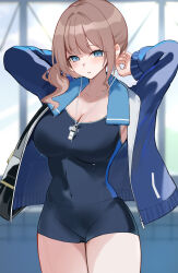 1girl arm_behind_head asymmetrical_sidelocks black_one-piece_swimsuit black_shorts blue_eyes blue_jacket blush breasts brown_hair cleavage collarbone commentary_request competition_swimsuit covered_navel cowboy_shot highres indoors jacket large_breasts long_hair looking_at_viewer mochizuki_honami one-piece_swimsuit open_clothes open_jacket parted_lips pool project_sekai shorts side_ponytail sidelocks solo swimsuit thighs unzipped usagi_melon3 wet whistle whistle_around_neck