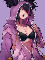 Rule 34 | 1girl, black bra, black hair, black nails, bra, breasts, cleavage, cosplay, hair over one eye, han juri, kemachiku, kigurumi, large breasts, looking at viewer, medium breasts, multicolored hair, official alternate costume, official alternate hairstyle, open mouth, pajamas, pink pajamas, purple eyes, solo, streaked hair, street fighter, street fighter 6, twintails, underwear, unzipped, zipper pull tab