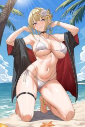 1girl anklet armpits beach bikini black_jacket blonde_hair blue_sky bracelet braid braided_bun breasts dysoor evelyn_chevalier hair_bun highres jacket jewelry kneeling large_breasts looking_at_viewer navel navel_piercing necklace off_shoulder open_clothes open_jacket outdoors palm_tree pearl_necklace piercing purple_eyes second-party_source short_hair side-tie_bikini_bottom sky solo string_bikini swimsuit thigh_strap tree zenless_zone_zero