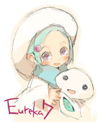 00s 1girl :d @_@ aqua_hair blush copyright_name creature earrings eureka_(eureka_seven) eureka_seven eureka_seven:_pocket_ga_niji_de_ippai eureka_seven_(series) green_hat hair_bobbles hair_ornament hat holding jewelry large_hat long_sleeves looking_at_viewer nirvash oomiya open_mouth parted_bangs purple_eyes purple_hair sketch sleeves_past_wrists smile tareme upper_body
