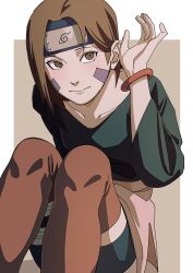 1girl absurdres bracelet brown_eyes brown_hair closed_mouth collarbone facial_mark forehead_protector highres jewelry konohagakure_symbol long_sleeves looking_at_viewer naruto_(series) naruto_shippuuden nohara_rin pnpk_1013 shirt short_hair simple_background sitting solo thighhighs