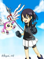 Rule 34 | absurdres, digimon, digimon (creature), digivice, highres, lance, picklemon, polearm, skirt, smile, weapon, wings