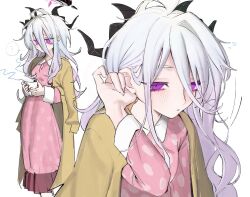 ... 1girl ahoge black_horns blue_archive blush coffee coffee_mug commentary cup demon_girl demon_horns hair_between_eyes halo highres hina_(blue_archive) hina_(pajamas)_(blue_archive) holding holding_cup horns long_hair messy_hair mug multiple_horns multiple_views official_alternate_costume pajamas pink_pajamas polka_dot polka_dot_pajamas purple_eyes simple_background solo speech_bubble steam umashio_potechi-san white_hair