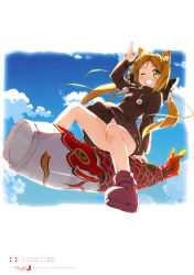 1girl ;d absurdres animal_ears arm_support arm_up blonde_hair blue_sky blush boots bow brown_hair cloud day dress dutch_angle female_focus fish flat_chest floating_hair flying foreshortening fox_ears from_below fur_trim grin hair_bow highres image_sample kantoku keenedual_na_hermesion kite legs long_hair looking_at_viewer midriff official_art one_eye_closed open_mouth outdoors panties parted_bangs reclining riding scan shinkyoku_soukai_polyphonica shinkyoku_soukai_polyphonica_aphonic_songbird short_dress sitting sky smile solo spread_legs straddling twintails underwear waving white_panties wind wind_lift wink yellow_eyes