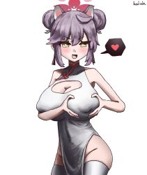 1girl absurdres animal_ears bare_shoulders blue_archive blush breasts cherry_blossoms china_dress chinese_clothes cleavage covered_erect_nipples double_bun dress fang grabbing_own_breast groin hair_bun halo heart highres huge_breasts kaede_(blue_archive) kai_xin large_breasts long_hair open_mouth purple_hair raccoon_ears red_halo skin_fang thighhighs white_dress white_thighhighs yellow_eyes