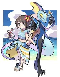 1girl blue_sarong blue_shirt border brown_eyes brown_footwear brown_hair cherubi commentary_request creatures_(company) feet finger_gun flower game_freak gen_4_pokemon gen_8_pokemon gloria_(pokemon) gloria_(summer_2021)_(pokemon) grin hair_flower hair_ornament highres holding inteleon jewelry navel necklace nintendo official_alternate_costume pointing pokemon pokemon_(creature) pokemon_masters_ex sandals sarong shirt short_hair sleeveless sleeveless_shirt smile standing sutokame teeth toes white_border