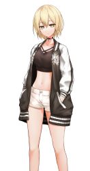 Rule 34 | 1girl, absurdres, black choker, black jacket, black shirt, blonde hair, breasts, bright pupils, choker, closed mouth, collarbone, crop top, feet out of frame, hands in pockets, highres, indie virtual youtuber, jacket, kushinaka, long sleeves, looking at viewer, maomi yuka, medium breasts, midriff, navel, open clothes, open jacket, shirt, short hair, short shorts, shorts, simple background, solo, stomach, thighs, virtual youtuber, white background, white shorts, white sleeves, yellow eyes