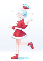 1girl :d absurdres arona_(blue_archive) bell blue_archive blue_halo blush bow_hairband braid closed_eyes commentary_request foot_up full_body fur-trimmed_shirt fur-trimmed_skirt fur_trim hairband halo hat highres holding holding_bell musical_note open_mouth pink_hair pom_pom_(clothes) red_hat red_shirt red_shoes red_skirt santa_hat shirt shoes skirt skirt_set smile solo tokoshibyra u_u white_hairband