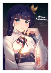 Rule 34 | 1girl, absurdres, black hair, blue eyes, blunt bangs, character name, commentary request, dark background, fireworks, highres, holding, holding fireworks, ikizulive! love live! bluebird, japanese clothes, kimono, komagata hanabi, light blush, long hair, love live!, neck ribbon, obi, pink kimono, print kimono, red ribbon, ribbon, sash, signature, ska.harumi, smile, solo, sparkler