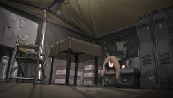 1boy 1girl ass bench blonde_hair chair clothed_sex dark-skinned_male dark_skin frozen_spider_lily highres interracial locker mating_press nude pants sex table torn_clothes torn_pants trigger_(zenless_zone_zero) zenless_zone_zero