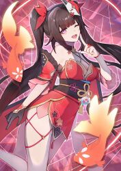1girl ;o black_gloves breasts brown_hair cleavage commentary_request dress fish flower_tattoo flying_fish fox_mask gloves highres honkai:_star_rail honkai_(series) japanese_clothes long_hair mask mask_on_head one_eye_closed purple_eyes red_dress single_glove snowflake_lantern solo sparkle_(honkai:_star_rail) tattoo twintails very_long_hair