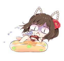 1girl animal_costume animal_ears bare_arms bare_legs bare_shoulders barefoot bikini bow camellia cat_costume cat_ears chibi fake_animal_ears falling fish flower frown furrowed_brow hair_flower hair_ornament idolmaster idolmaster_cinderella_girls innertube looking_at_animal lowres maekawa_miku nervous_sweating open_mouth orange_innertube paw_print paw_print_pattern plaid_bikini plaid_bow plaid_clothes red_bikini red_bow red_flower scared simple_background slit_pupils solo stomach sweat swim_ring swimsuit turn_pale usoneko water_drop white_background