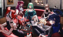 5girls absurdres ahoge alternate_costume animal_ears antlers black_hair blue_eyes breasts bridal_gauntlets brown_eyes brown_hair ceres_fauna cleavage cocktail_dress cup dice dice_earrings dress earrings feather_hair_ornament feathers feet_on_table formal_clothes green_hair green_nails hair_ornament hakos_baelz halo heterochromia highres hololive hololive_english holopromise horns irys_(hololive) jewelry large_breasts long_hair low_twintails mouse_ears mouse_girl mouse_tail multicolored_hair multiple_girls nanashi_mumei ouro_kronii phonograph pointy_ears purple_eyes purple_hair red_hair sanallite_(tsukumo_sana) side_ponytail sitting smile star-ring streaked_hair suit tail tea teacup teapot twintails two-tone_hair virtual_youtuber watch white_hair wristwatch yellow_eyes