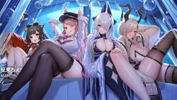 4girls ;q arms_up artist_name ass azur_lane black_hair black_headwear black_thighhighs bow-shaped_hair bra bra_peek breasts brown_eyes brown_hair cleavage crossed_legs from_below hair_ornament hair_over_one_eye hairclip hat horn_ornament horns huge_breasts japanese_clothes kimono knee_up knees_up large_breasts long_hair long_sleeves looking_at_viewer masami_chie multiple_girls nachi_(azur_lane) nachi_(retrofit)_(azur_lane) official_art okobo one_eye_closed open_mouth owari_(azur_lane) peaked_cap pink_bra pink_hair platform_footwear platform_sandals red_eyes red_kimono sandals shirt sitting sleeves_past_fingers sleeves_past_wrists small_breasts socks teeth thighhighs third-party_source tongue tongue_out underwear unzen_(azur_lane) upper_teeth_only white_hair white_shirt white_socks winged_hat zuihou_(azur_lane)