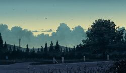 bird bug cloud commentary_request dusk fence firefly forest gensuke_(ryun) grass highres insect landscape mountainous_horizon nature no_humans original outdoors radio_tower road scenery sign sky tree