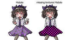&gt;_&lt; 2girls black_hair blush bow checkered_clothes checkered_skirt closed_eyes dot_nose double_v english_text garry&#039;s_mod hat highres himekaidou_hatate kasuya_baian long_hair looking_at_viewer multiple_girls necktie open_mouth pantyhose purple_bow purple_necktie shirt simple_background skirt smile tears tokin_hat touhou twintails unmoving_pattern v white_background
