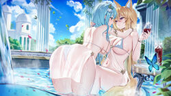 2girls animal_ears bikini blonde_hair blue_butterfly blue_eyes blue_hair blue_sky blush bottle bracelet breasts bug butterfly commentary_request commission cup day drinking_glass extra_ears eye_contact fingernails fox_ears fox_girl fox_tail hair_between_eyes hand_on_another&#039;s_shoulder highres holding holding_cup insect jewelry large_breasts lichiko long_hair looking_at_another median_furrow multiple_girls nail_polish navel original parted_lips partially_visible_vulva petals petals_on_liquid purple_eyes purple_nails sidelocks sitting sky stomach swimsuit tail thighs very_long_hair wet white_bikini yuri