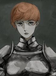 1girl armor closed_mouth commentary d&#039;arce_(fear_&amp;_hunger) fear_&amp;_hunger fear_&amp;_hunger_(series) fear_&amp;_hunger_1 grey_background grey_eyes highres knight looking_at_viewer orange_hair pauldrons renko_040 short_hair shoulder_armor sketch solo upper_body